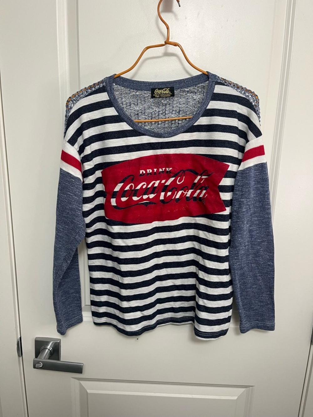 Coca-Cola Women's Navy, White & Red Striped Logo Sweater in size S